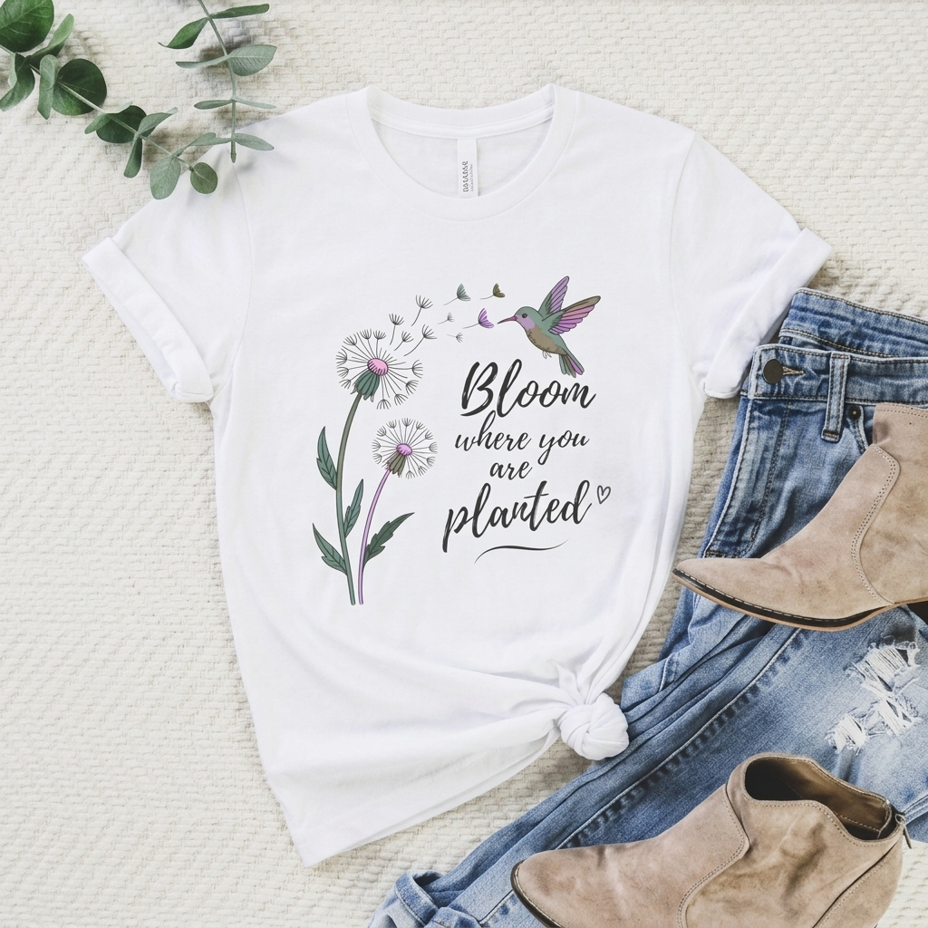 Bloom Where You Are Planted T-Shirt, Hummingbird & Dandelion Floral Graphic Tee - 14927