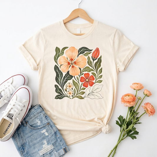 Vintage Botanical Floral T-Shirt, Peach & Coral Flower Print - 14505
