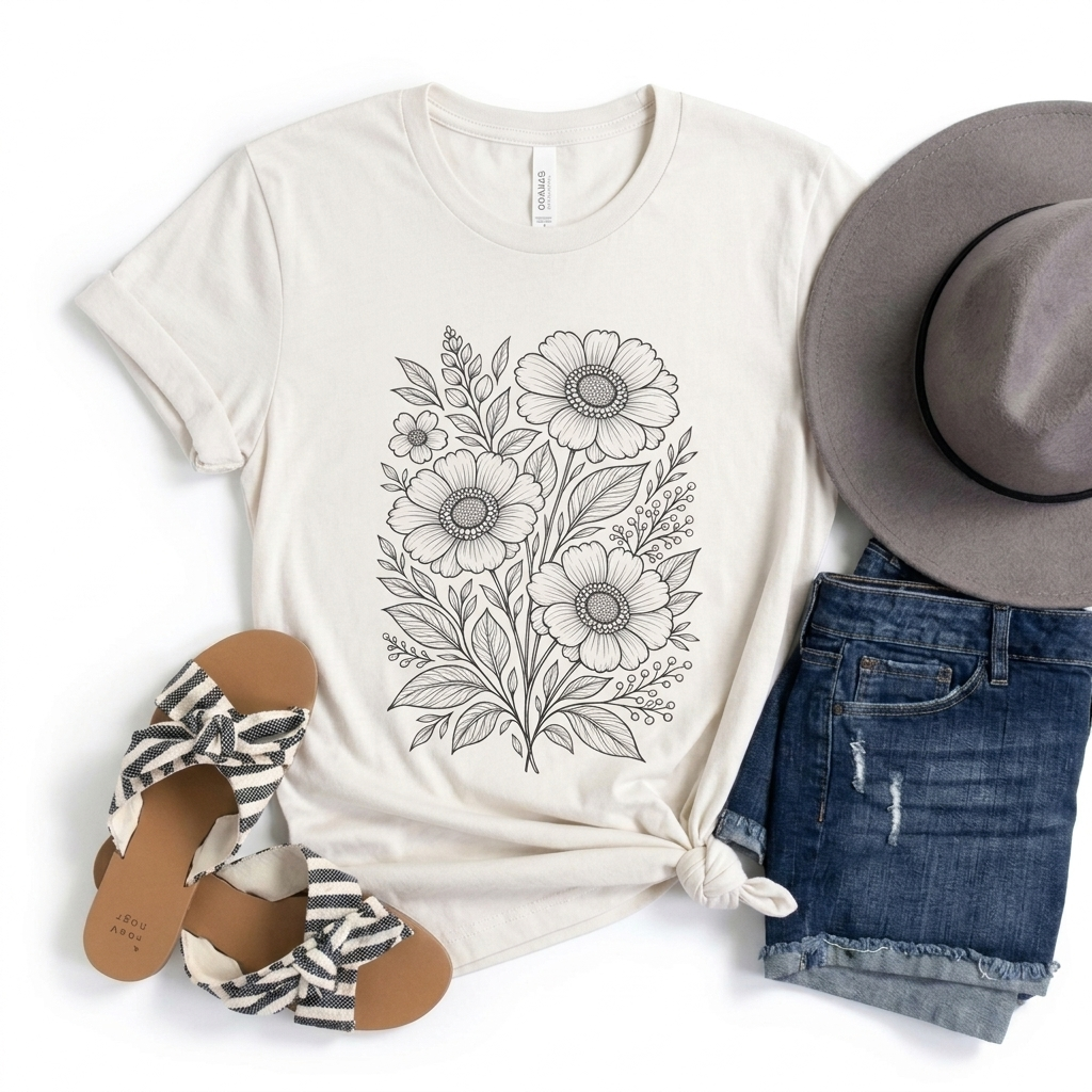 Vintage Floral Line Art T-Shirt, Botanical Wildflower Tee - 14561