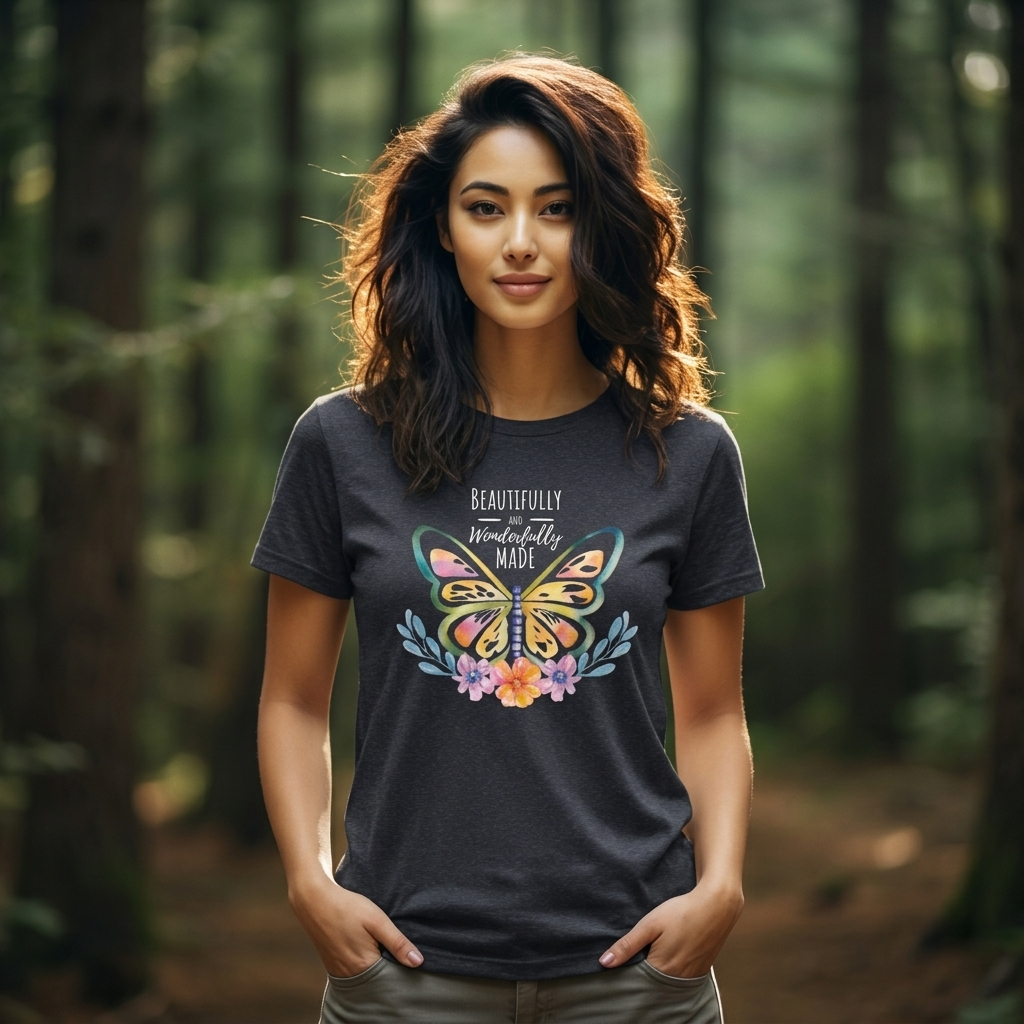 Beautifully & Wonderfully Made Butterfly T-Shirt, Inspirational Floral Graphic Tee - 14954
