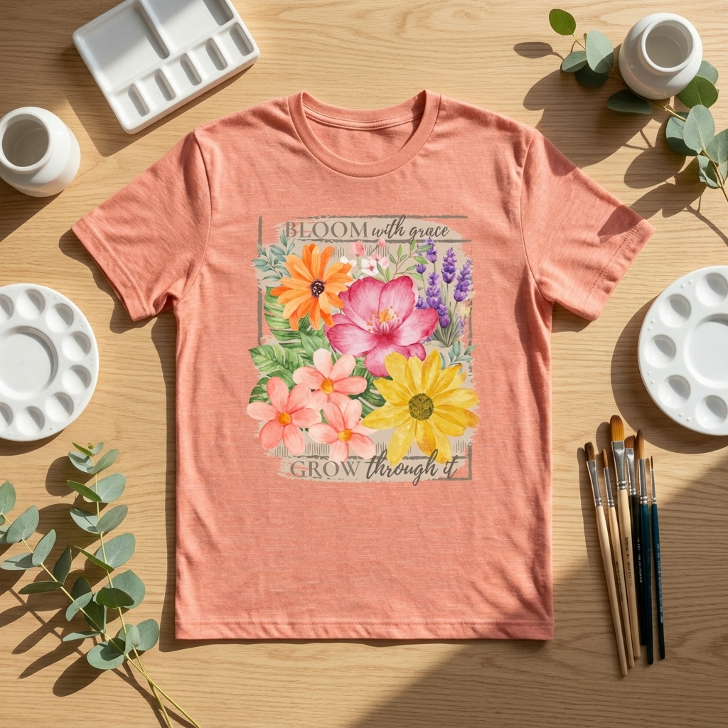 Bloom With Grace Floral T-Shirt, “Grow Through It” Inspirational Women’s Tee - 14943