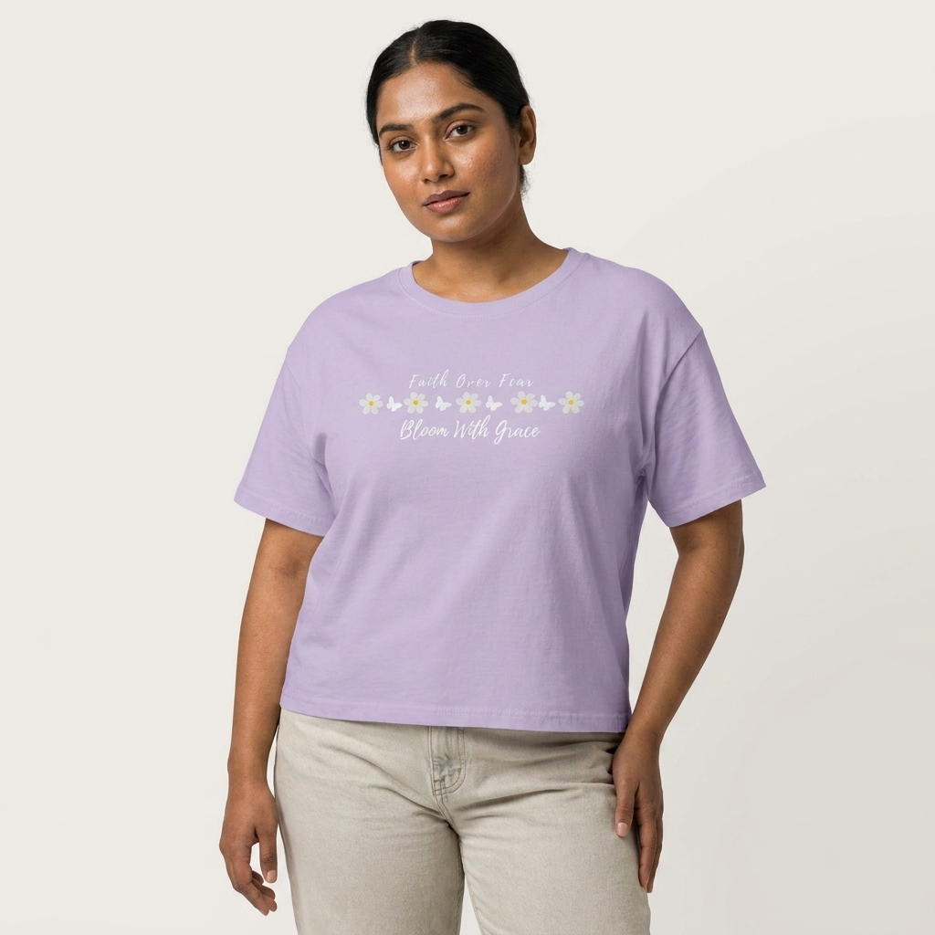 Faith Over Fear Floral Boxy Tee, “Bloom With Grace” Christian Crop Shirt - 14950
