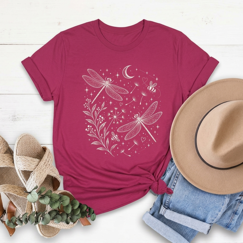 Dragonfly Moon T-Shirt, Whimsical Celestial Nature Tee - 14518