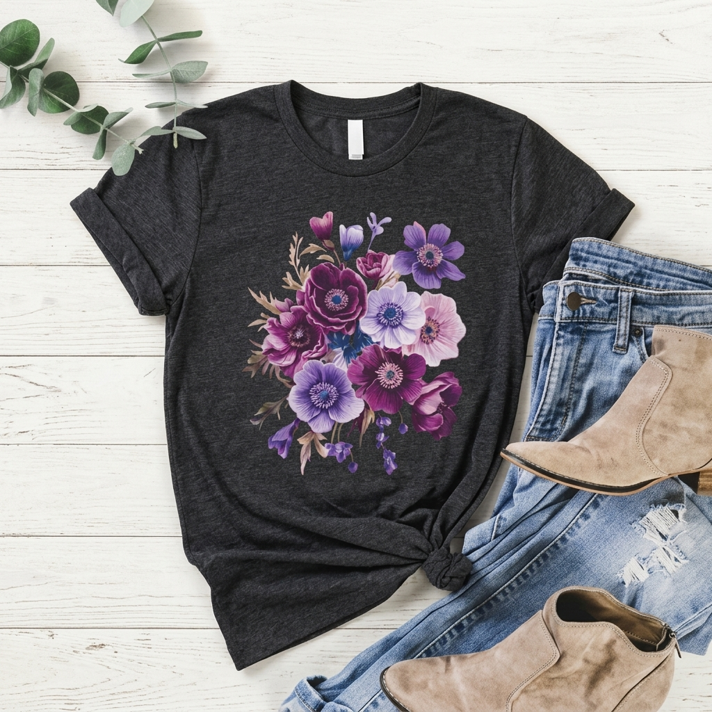 Purple Anemone Bouquet T-Shirt, Watercolor Floral Flower Tee - 14947