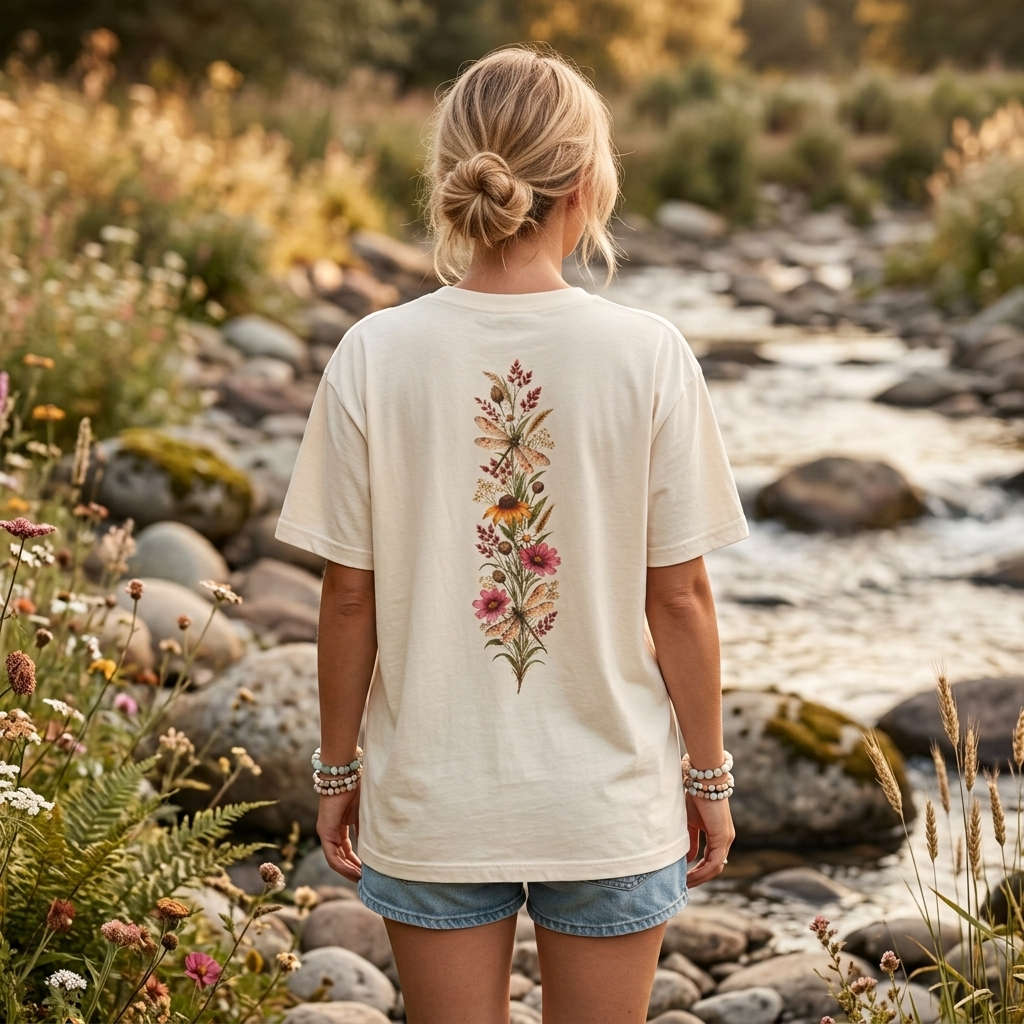 Vintage Wildflower & Dragonfly T-Shirt, Botanical Front & Back Tee - 14549