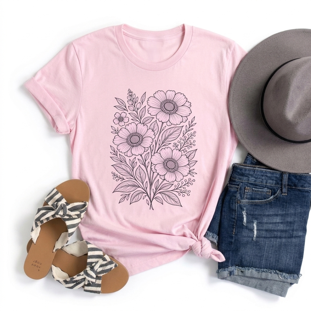 Vintage Floral Line Art T-Shirt, Botanical Wildflower Tee - 14561