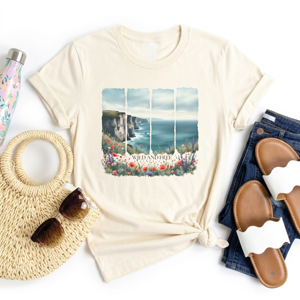 St. Andrews Coastal T-Shirt,  Scenic Cliffs, Wildflowers & Sea View - 14974