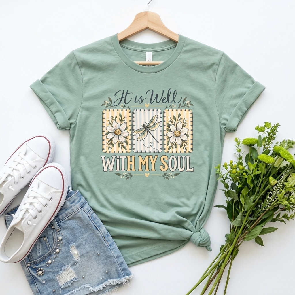 It Is Well With My Soul T-Shirt, Floral Dragonfly Christian Faith Tee - 14991