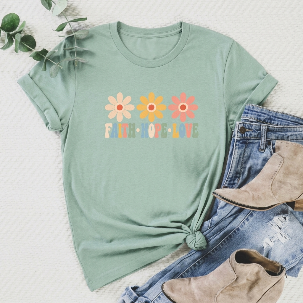 Faith Hope Love Floral T-Shirt,  Retro Flower Graphic Tee - 14979