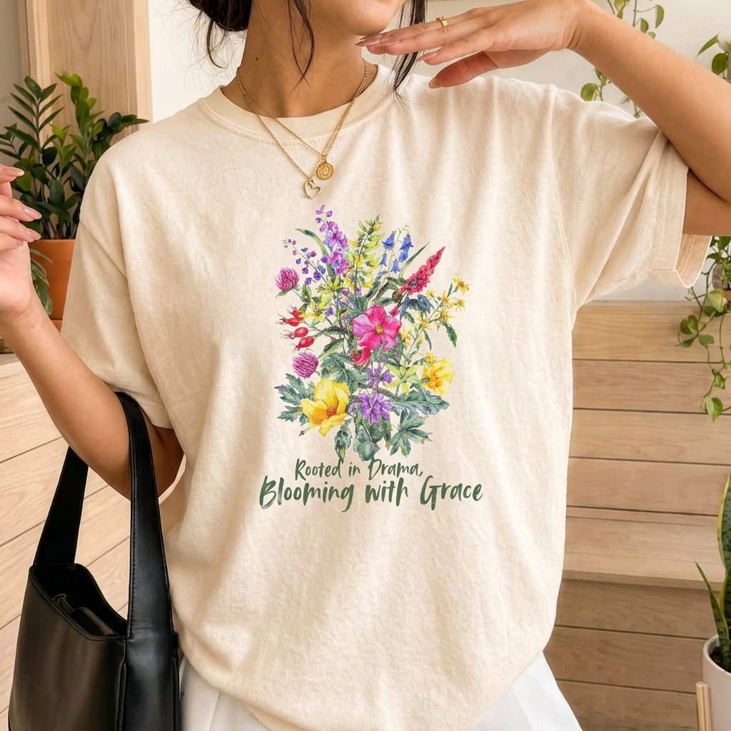 Blooming With Grace Floral T-Shirt, “Rooted in Drama” Watercolor Botanical Tee - 14965