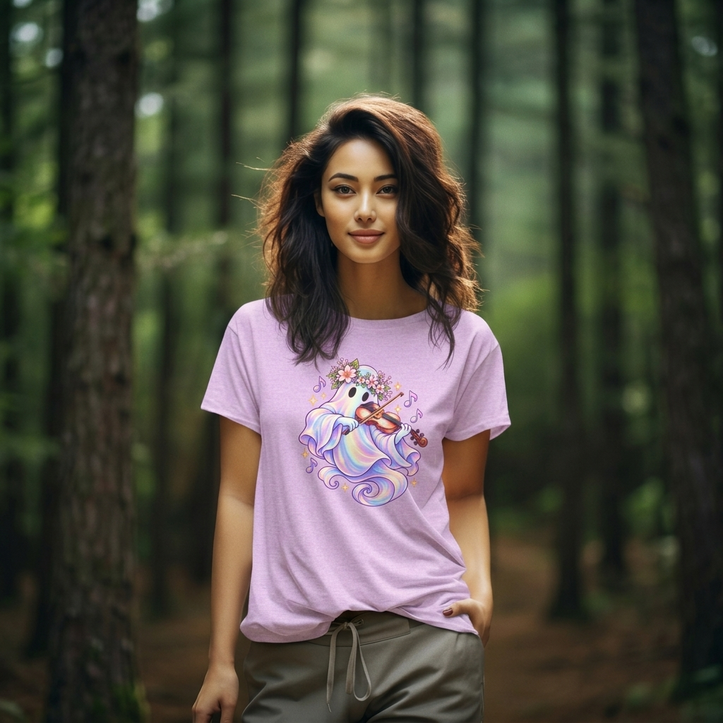 Ghost Violin T-Shirt, Cute Pastel Floral Music Lover Tee - 14528