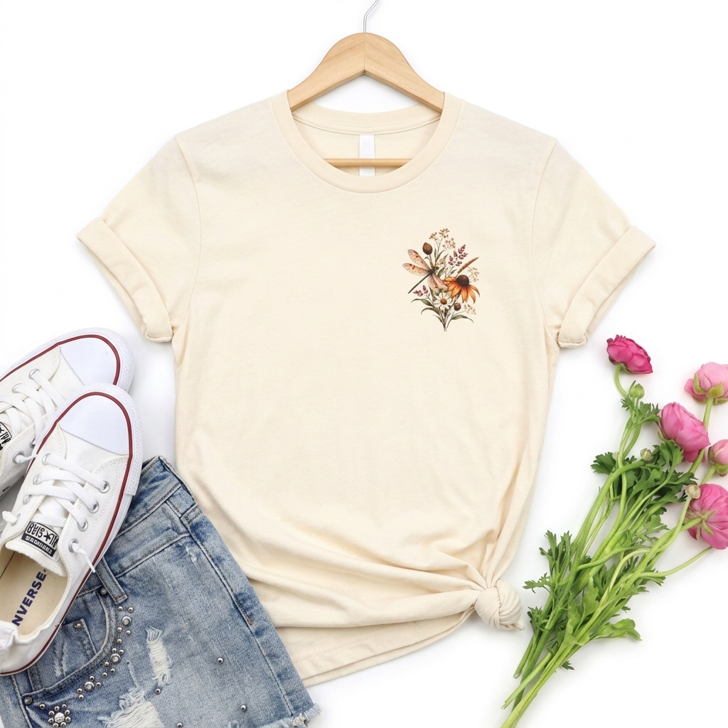 Vintage Wildflower & Dragonfly T-Shirt, Botanical Front & Back Tee - 14549