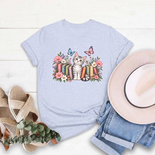 Cat & Books T-Shirt, Cute Floral Kitten & Butterfly Tee - 14526