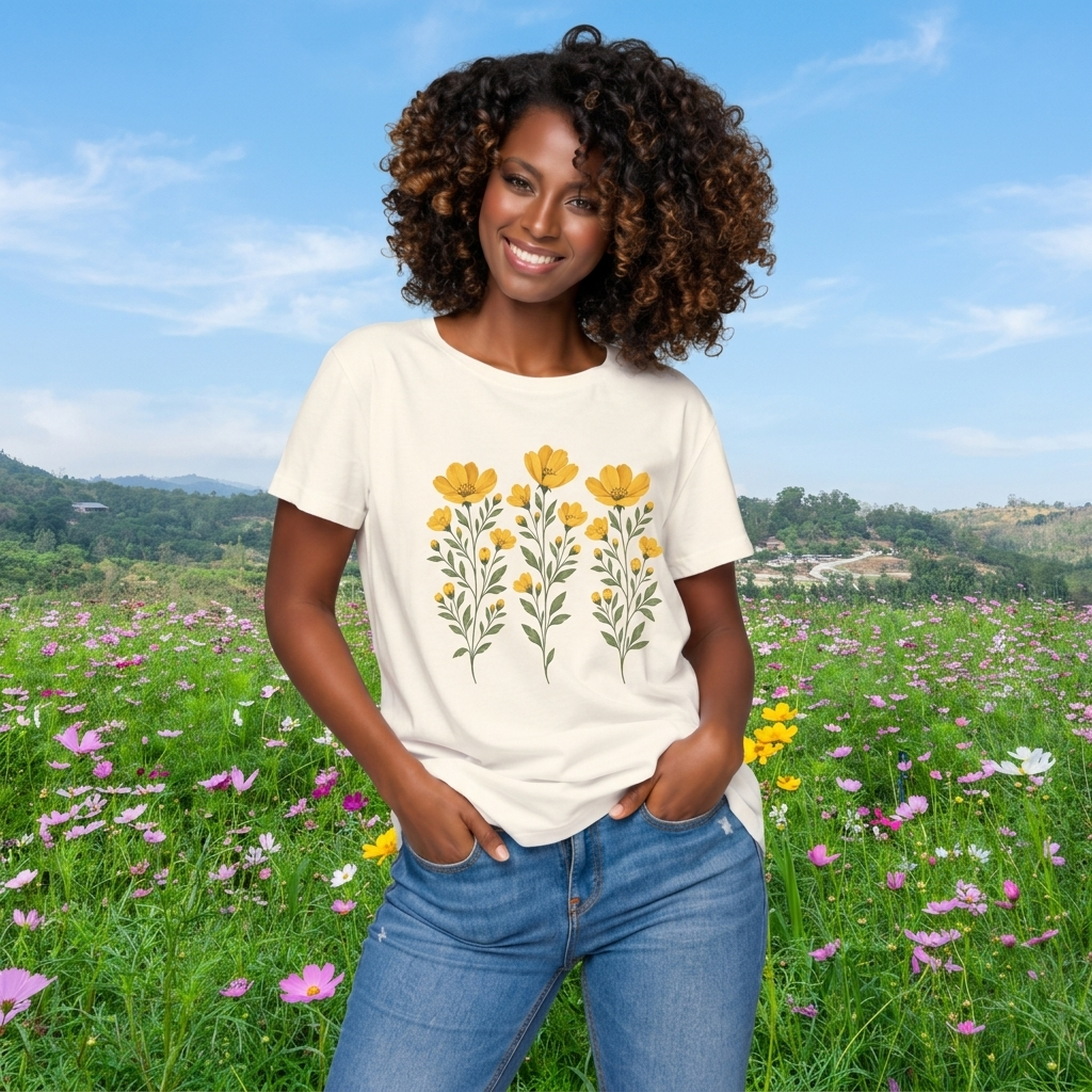 Golden Yellow Wildflower T-Shirt, Vintage Botanical Floral Tee - 14544