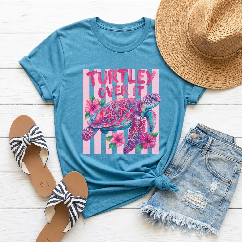 Turtley Over It T-Shirt, Cute Tropical Sea Turtle Graphic Tee - 14953