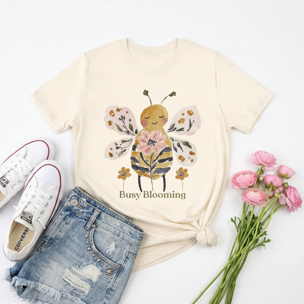 Busy Blooming Bee T-Shirt, Cute Watercolor Floral Bee Tee - 14960