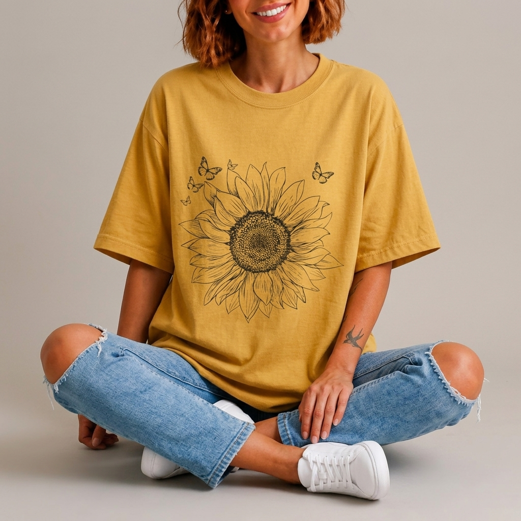 Sunflower Sketch T-Shirt, Vintage Botanical Sunflower & Butterfly Graphic Tee - 14982