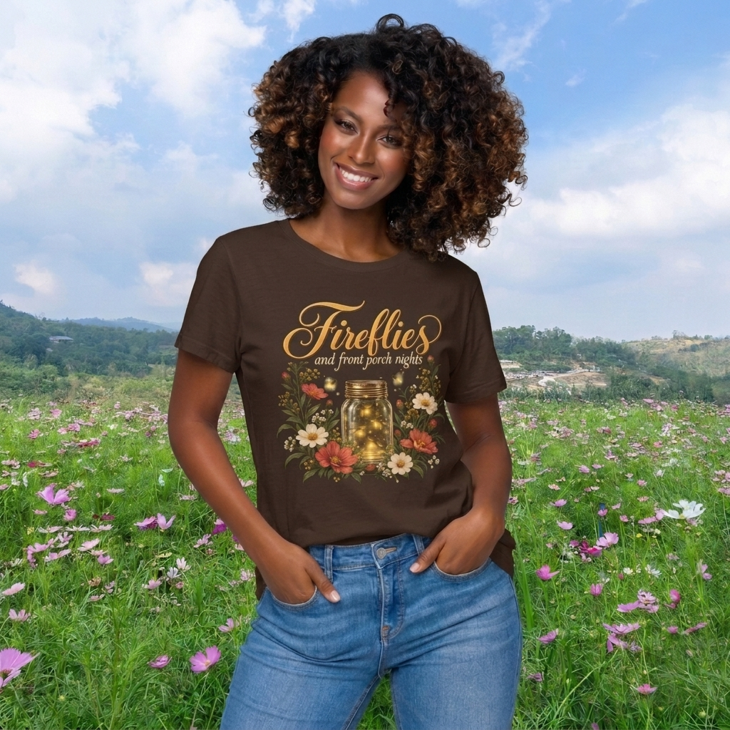 Fireflies and Front Porch Nights T-Shirt, Vintage Floral Mason Jar Tee - 14567