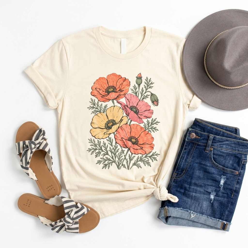 Floral Poppies T-Shirt, Vintage Wildflower Graphic Tee - 14988