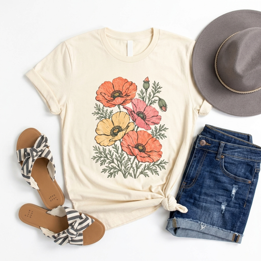 Floral Poppies T-Shirt, Vintage Wildflower Graphic Tee - 14988