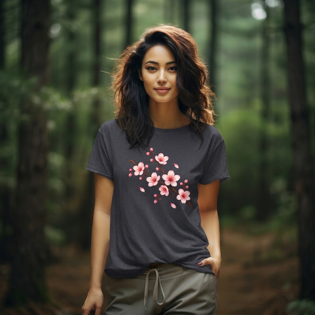 Cherry Blossom T-Shirt, Pink Sakura Branch Floral Tee - 14994