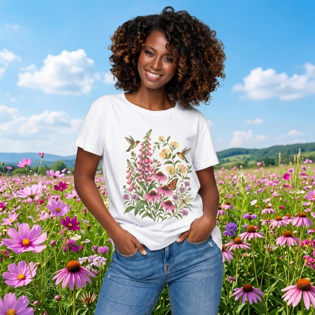 Floral Hummingbird Garden T-Shirt, Wildflower & Butterfly Botanical Tee - 14547