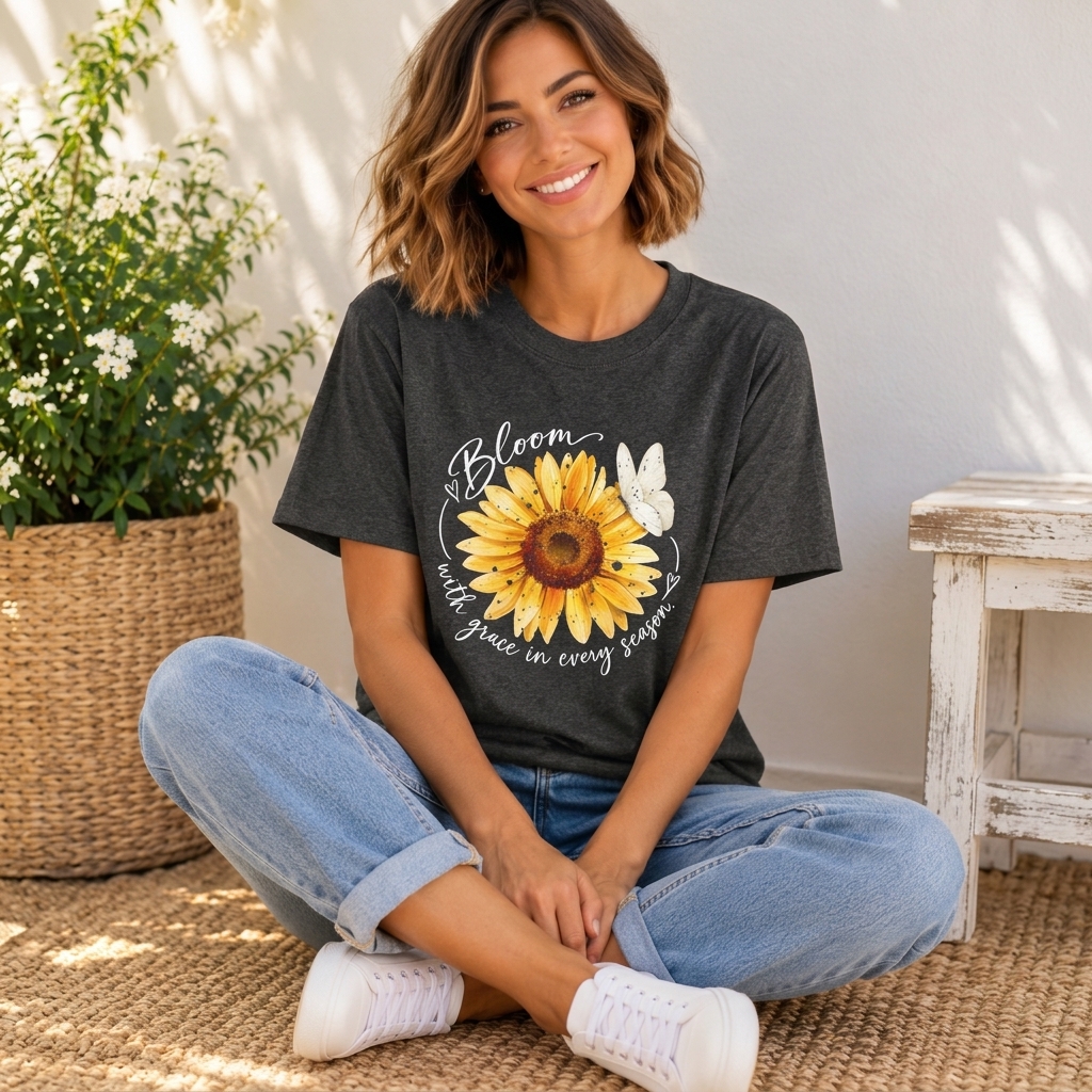 Sunflower “Bloom with Grace in Every Season” T-Shirt, Inspirational Floral Tee- 14502