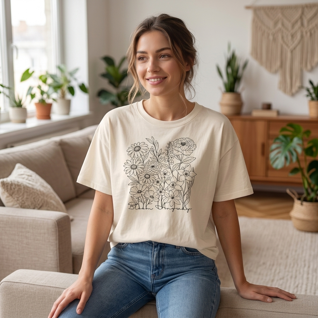 Floral Line Art Boxy T-Shirt, Women’s Botanical Sketch Tee - 14987