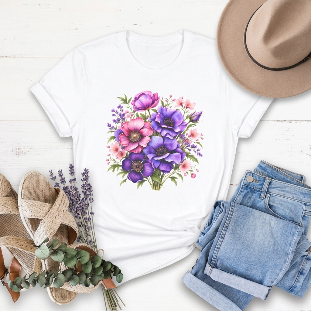 Purple & Pink Floral Bouquet T-Shirt, Colorful Botanical Flower Tee - 14537