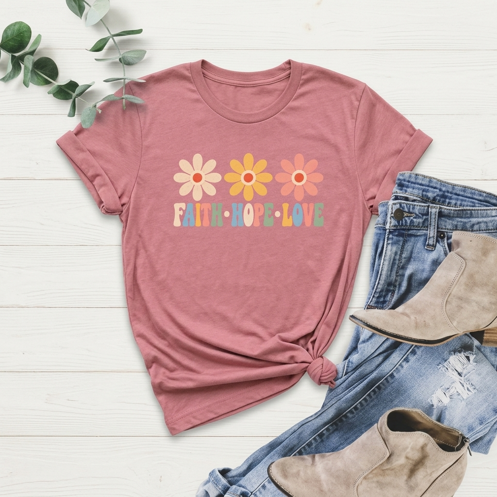 Faith Hope Love Floral T-Shirt,  Retro Flower Graphic Tee - 14979