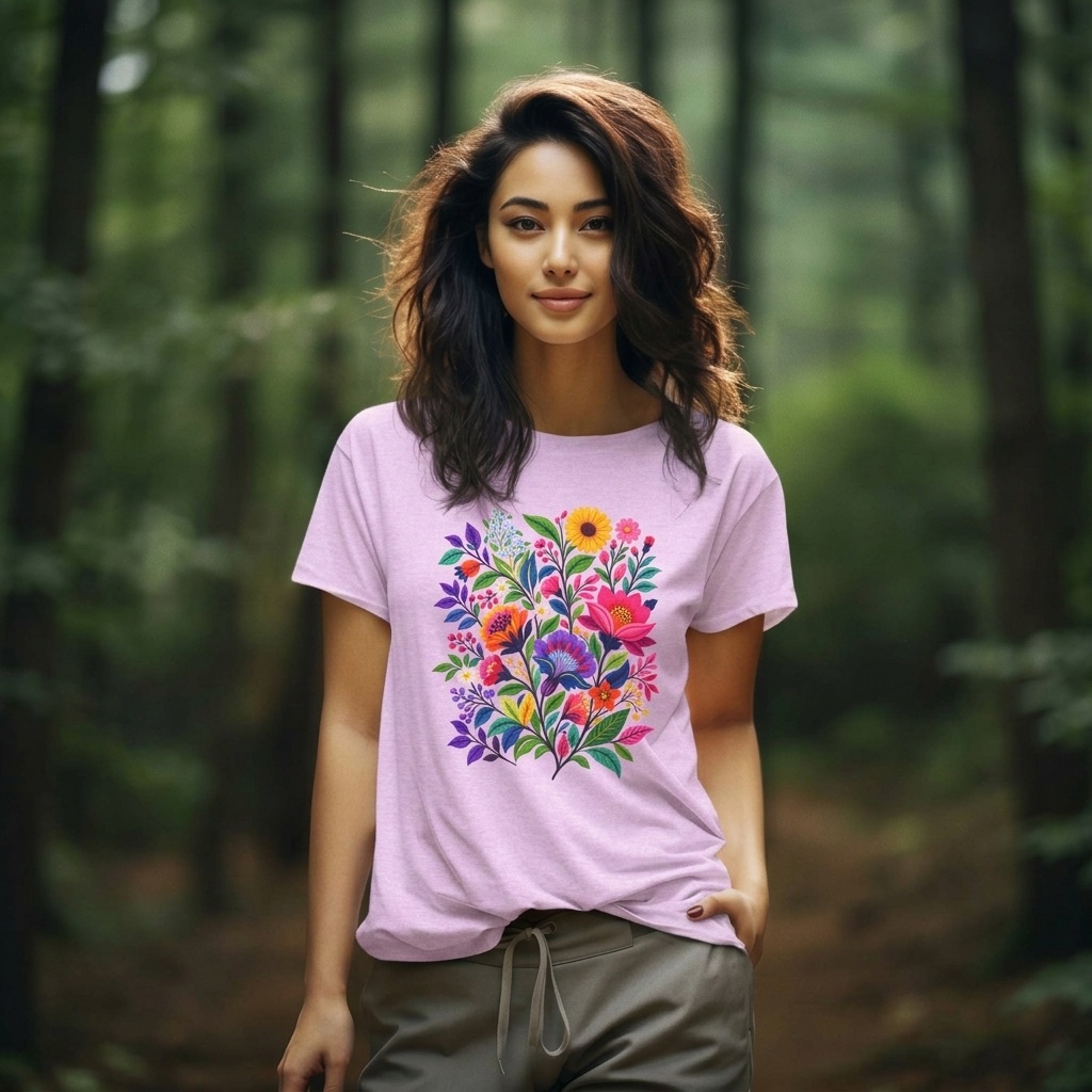 Bright Folk Art Floral T-Shirt, Colorful Flower Bouquet Tee - 14513