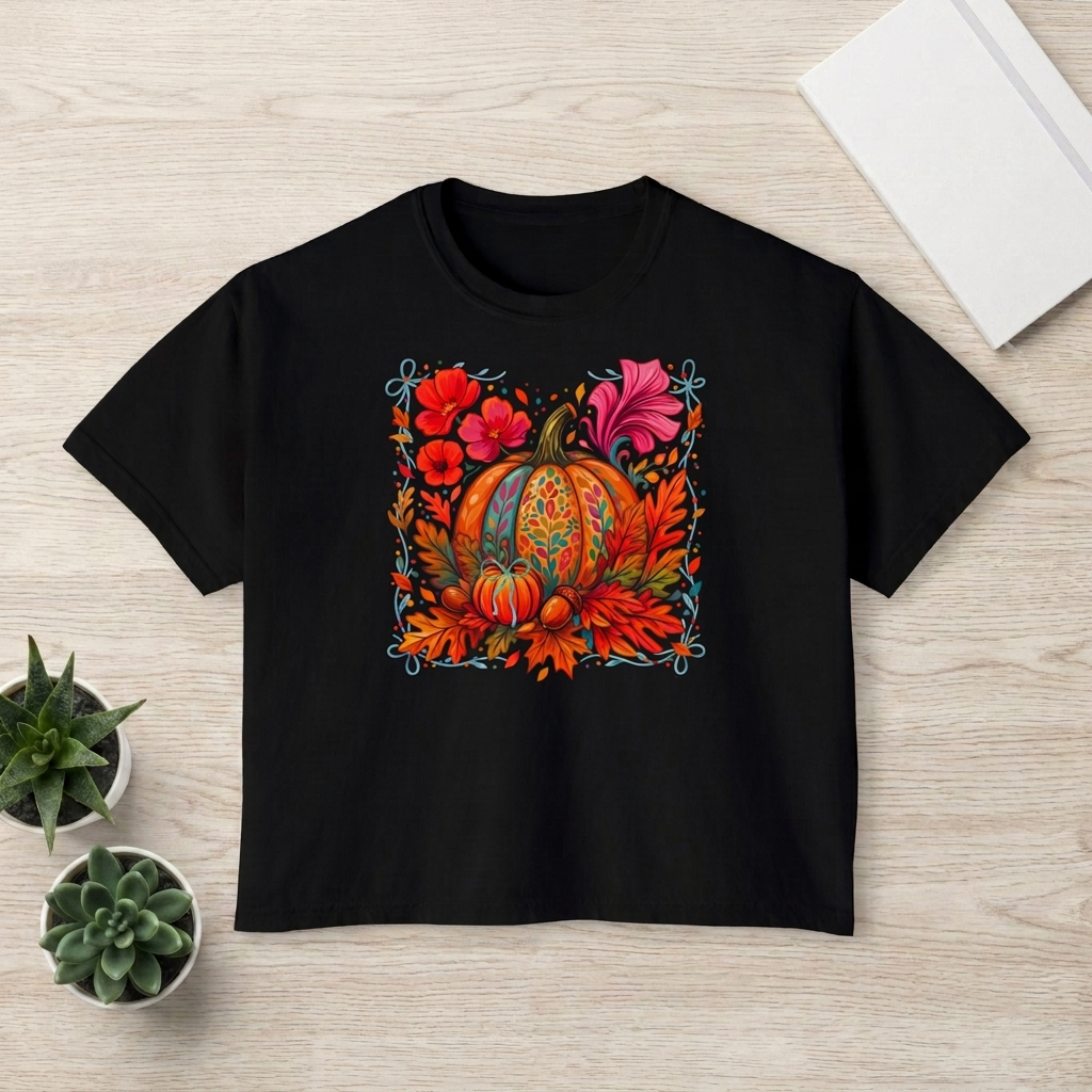 Autumn Pumpkin Floral Boxy T-Shirt,  Women’s Fall Harvest Graphic Tee - 14929
