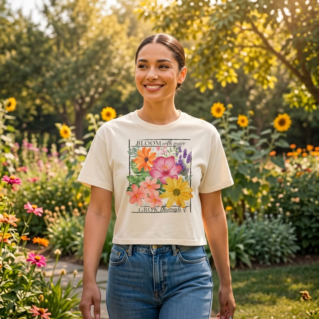 Bloom With Grace Floral Boxy Tee,  “Grow Through It” Inspirational Women’s T-Shirt - 14944