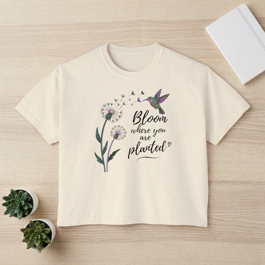 Bloom Where You’re Planted Boxy Tee, Women’s Hummingbird Floral Inspirational T-Shirt - 14926