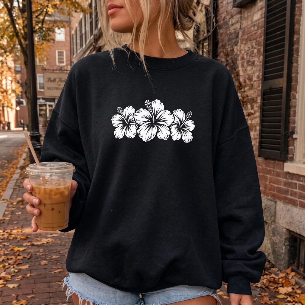 Hibiscus Floral Crewneck Sweatshirt,  Tropical Flower Graphic - 14996