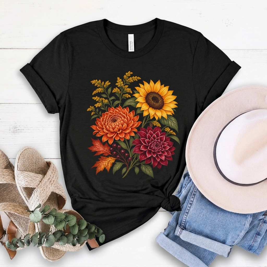 Autumn Wildflower Bouquet T-Shirt, Vintage Botanical Floral Tee - 14565