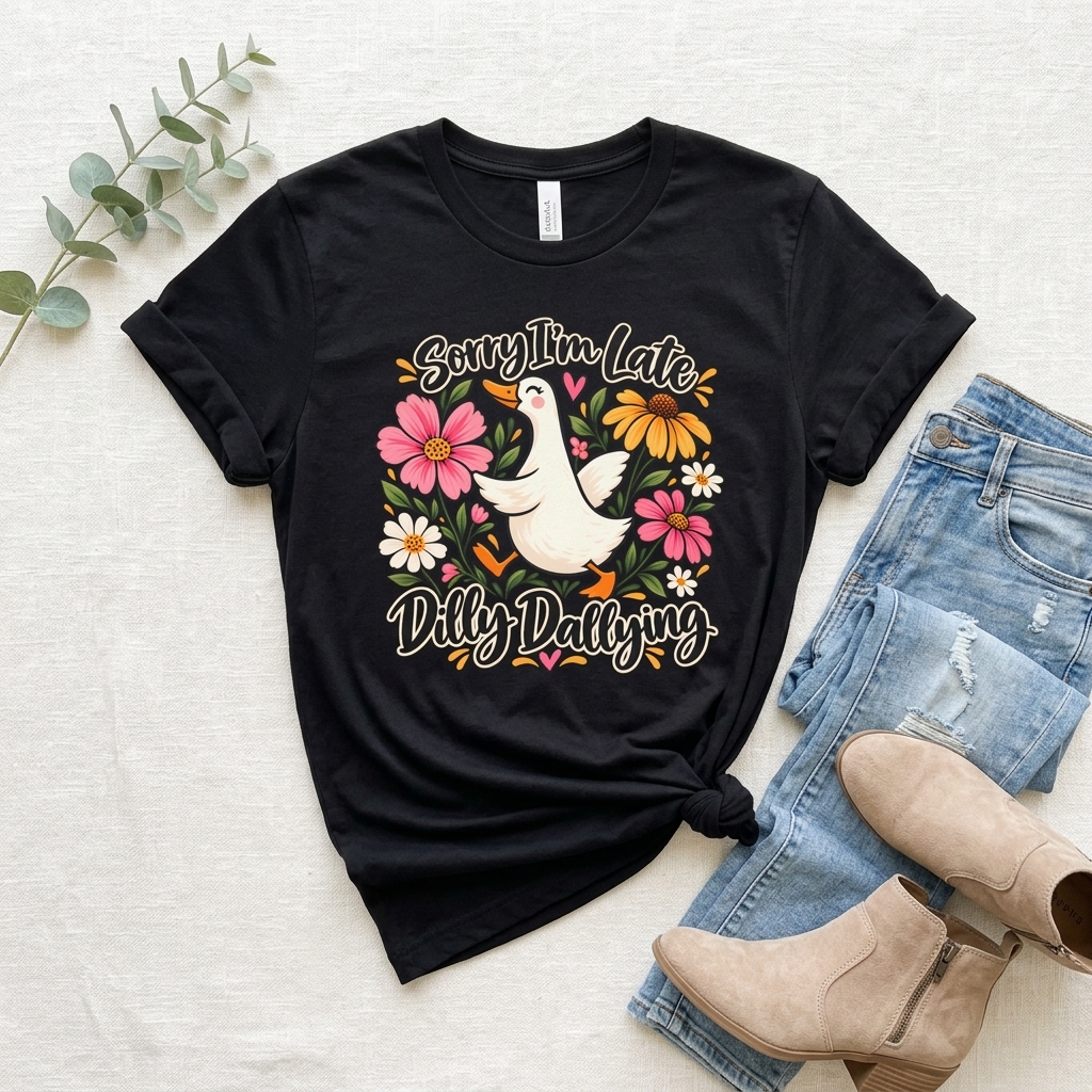 Sorry I’m Late Dilly Dallying T-Shirt, Cute Floral Goose Tee - 14998