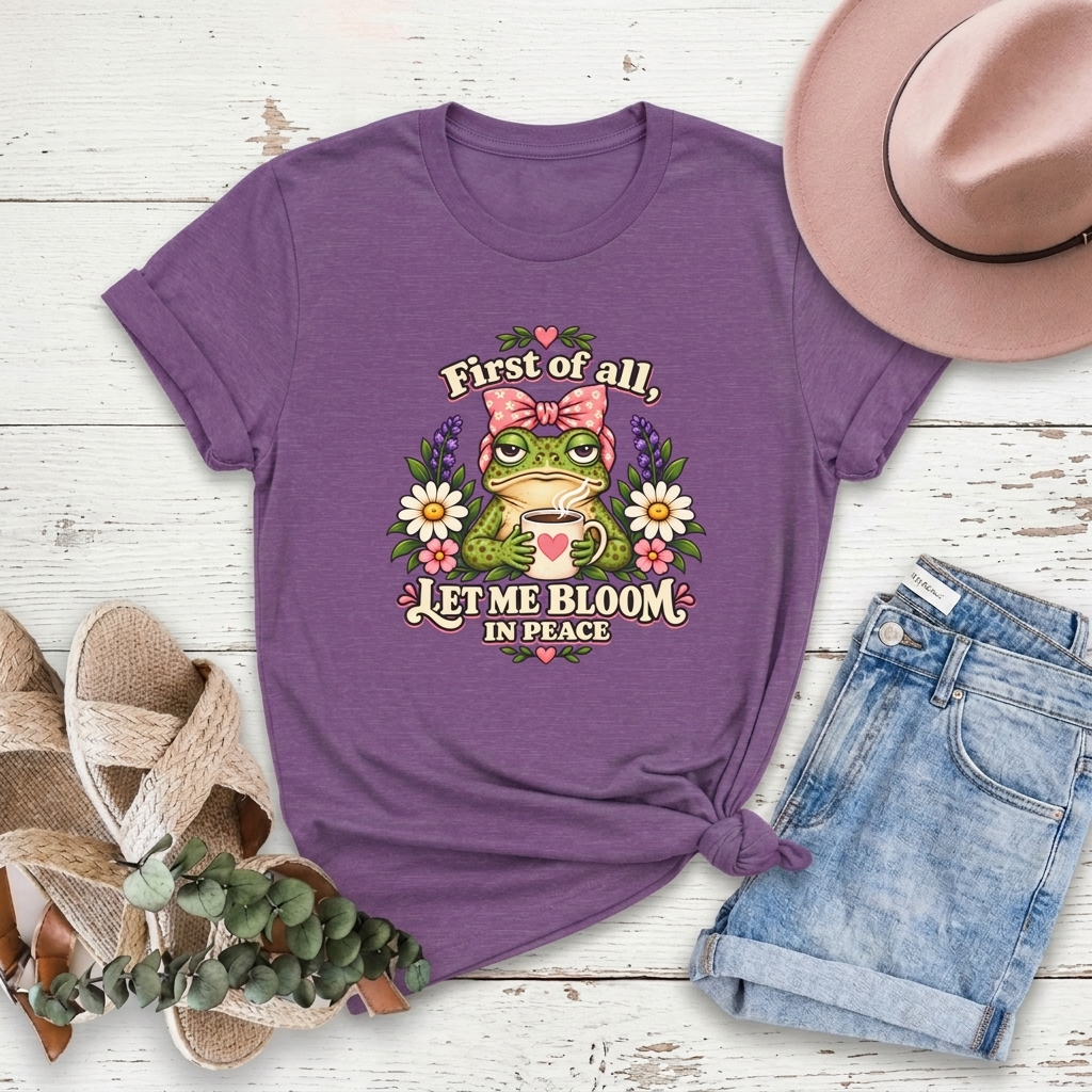 Let Me Bloom in Peace Frog T-Shirt, Cute Floral Coffee Tee - 14500