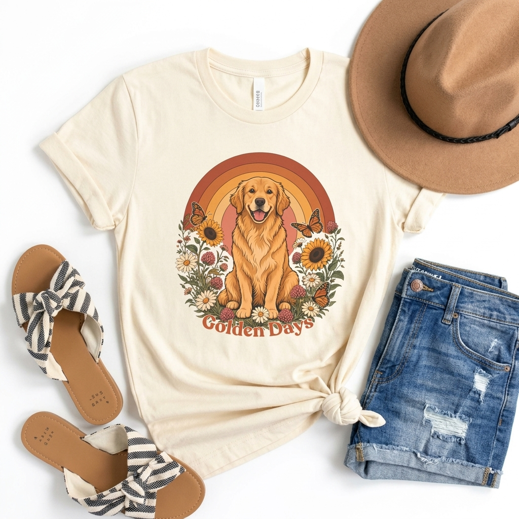 Golden Days Golden Retriever T-Shirt,  Retro Sunset Floral Dog Tee - 14969