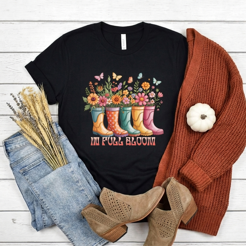 In Full Bloom Garden T-Shirt, Colorful Rain Boots & Flowers Graphic Tee - 14971