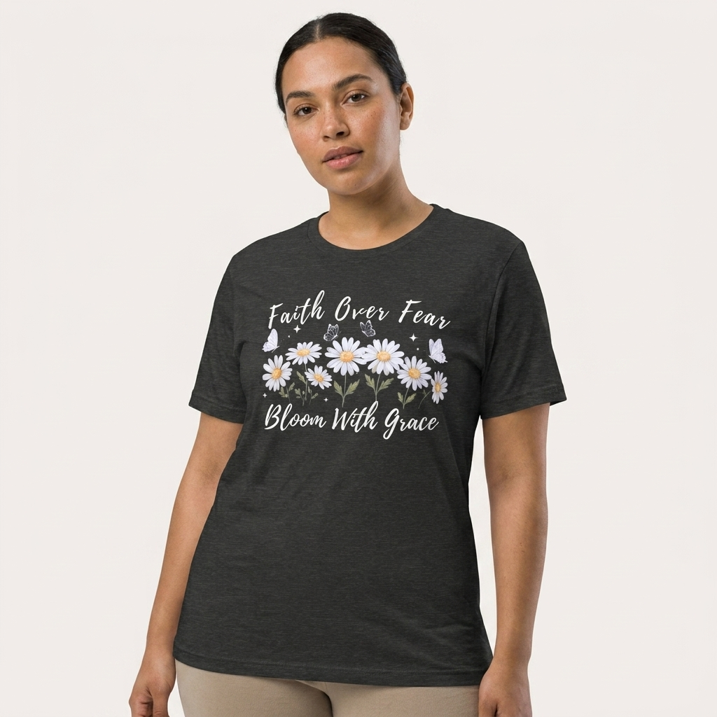 Faith Over Fear Daisy T-Shirt, “Bloom With Grace” Christian Floral Tee - 14951