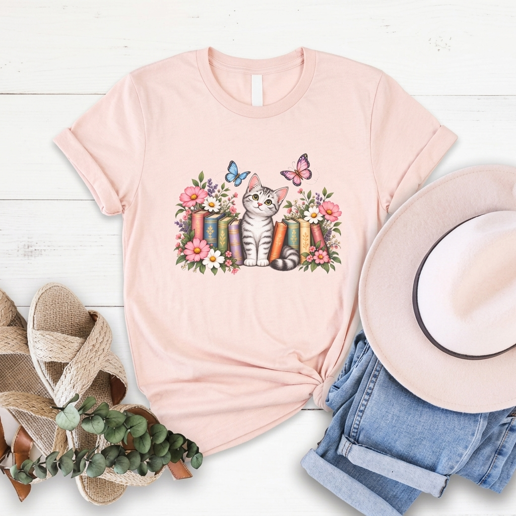 Cat & Books T-Shirt, Cute Floral Kitten & Butterfly Tee - 14526