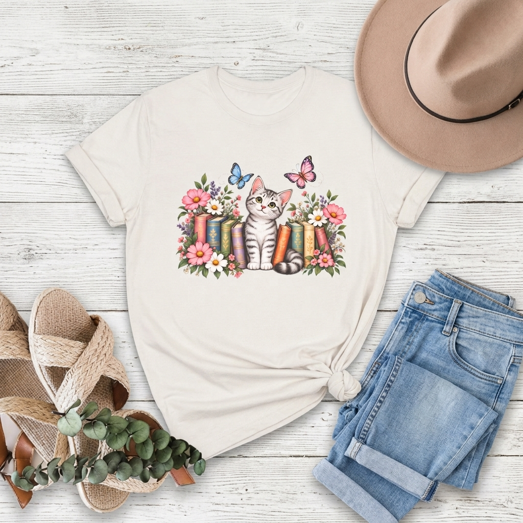 Cat & Books T-Shirt, Cute Floral Kitten & Butterfly Tee - 14526