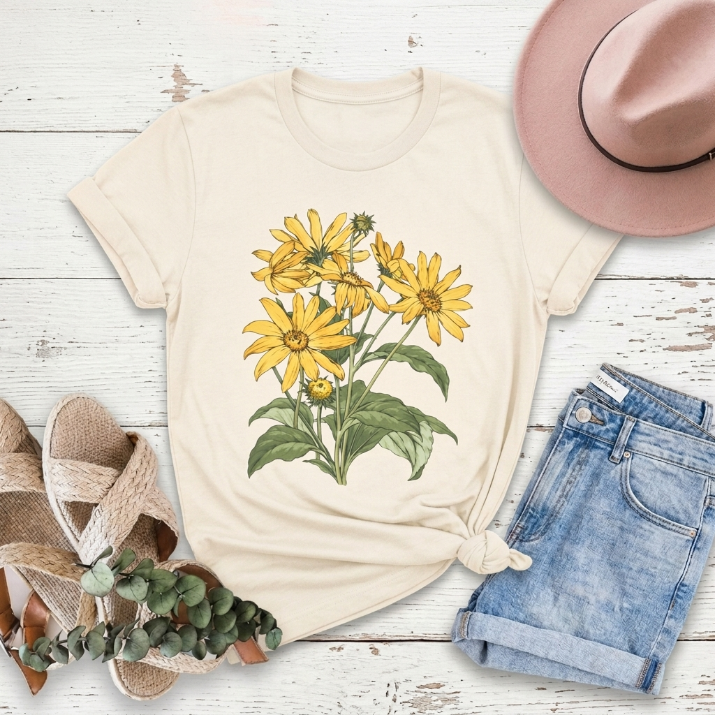 Yellow Daisy Botanical T-Shirt, Vintage Floral Garden Tee - 14503