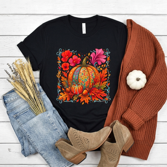 Autumn Floral Pumpkin T-Shirt, Fall Harvest Graphic Tee - 14930