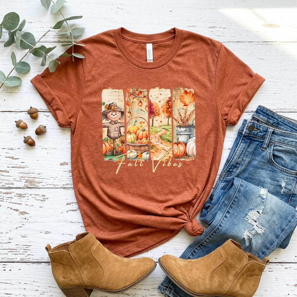 Fall Vibes T-Shirt, Autumn Pumpkin, Scarecrow & Harvest Graphic Tee - 14948