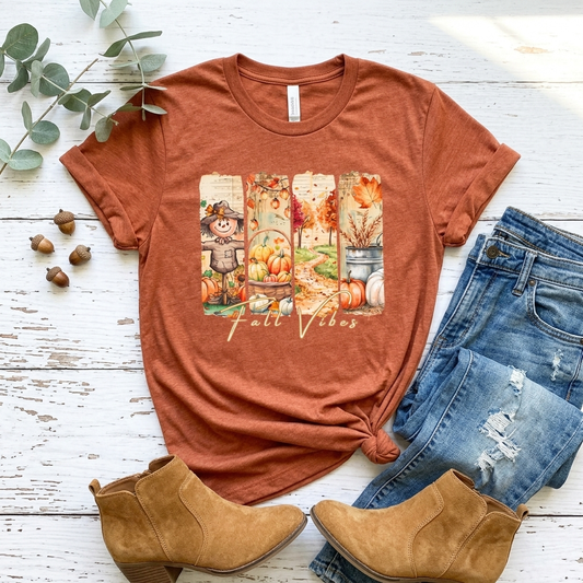 Fall Vibes T-Shirt, Autumn Pumpkin, Scarecrow & Harvest Graphic Tee - 14948