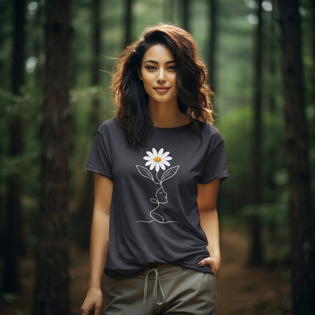 Daisy Woman Face T-Shirt, Minimalist Floral Line Art Tee - 14522