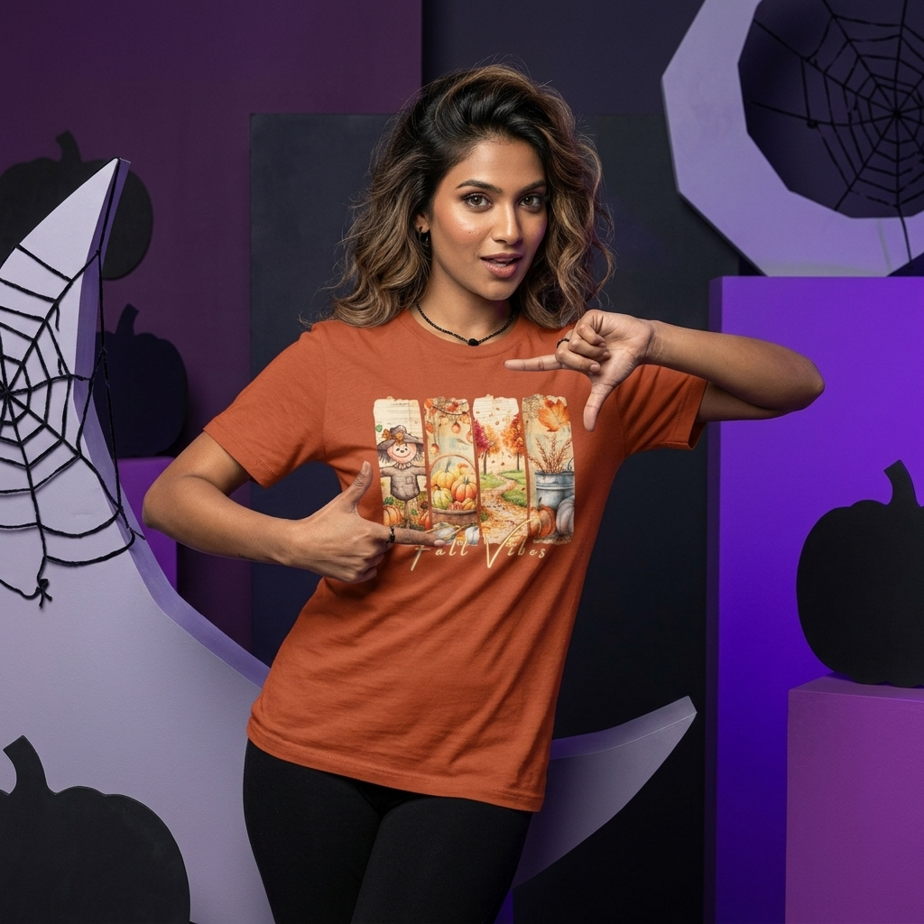 Fall Vibes T-Shirt, Autumn Pumpkin, Scarecrow & Harvest Graphic Tee - 14948