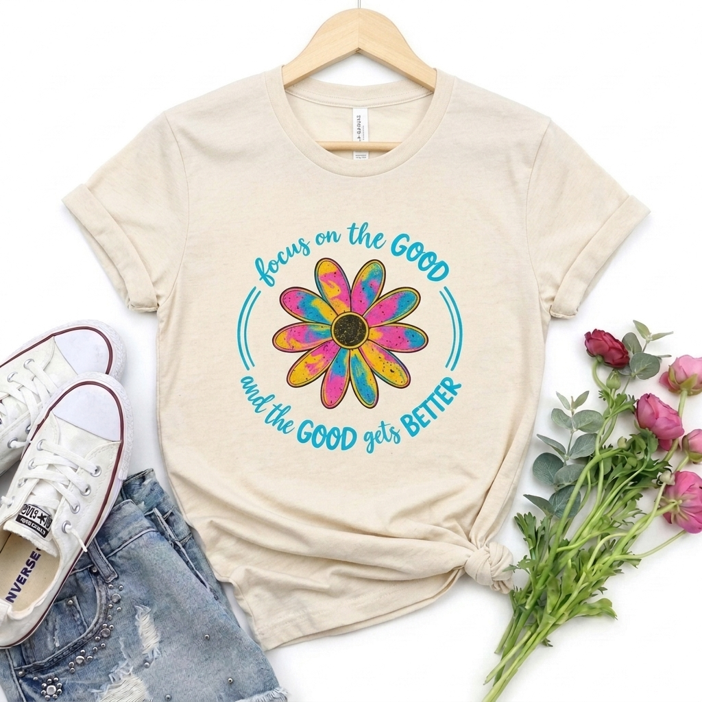 Focus on the Good T-Shirt, Colorful Retro Daisy Graphic Tee - 14563
